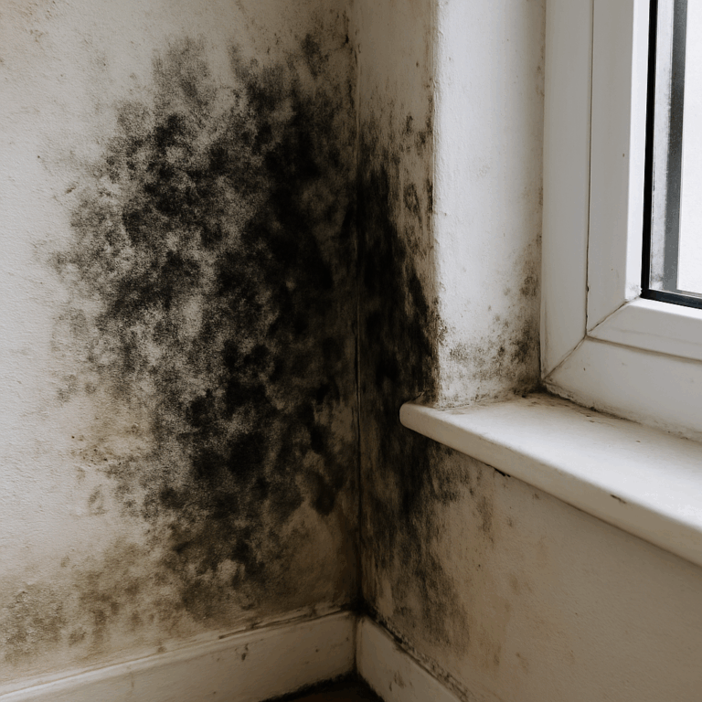 A mould-covered damp wall beneath a window, showing damage from ignored repairs.