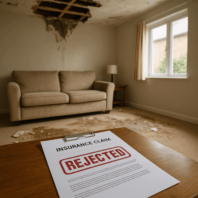 A damaged living room with a rejected insurance claim letter on a coffee table.