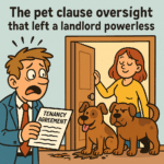 Cartoon of a shocked landlord holding a tenancy agreement while two large dogs sit inside a rental property with a calm tenant.