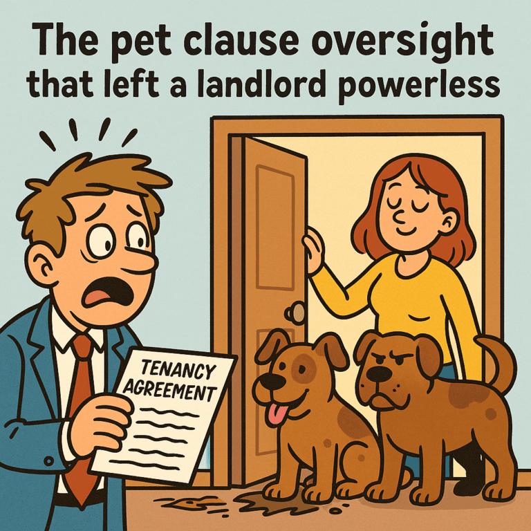 Cartoon of a shocked landlord holding a tenancy agreement while two large dogs sit inside a rental property with a calm tenant.