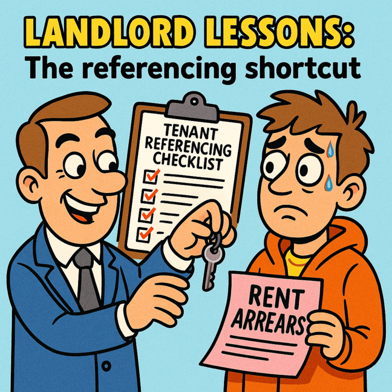Cartoon of a landlord handing over keys to a tenant without proper referencing checks.
