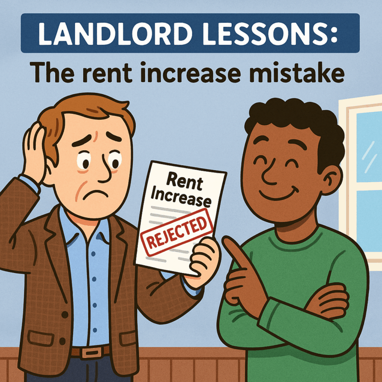 Cartoon of a landlord holding a rejected rent increase notice while a tenant refuses.