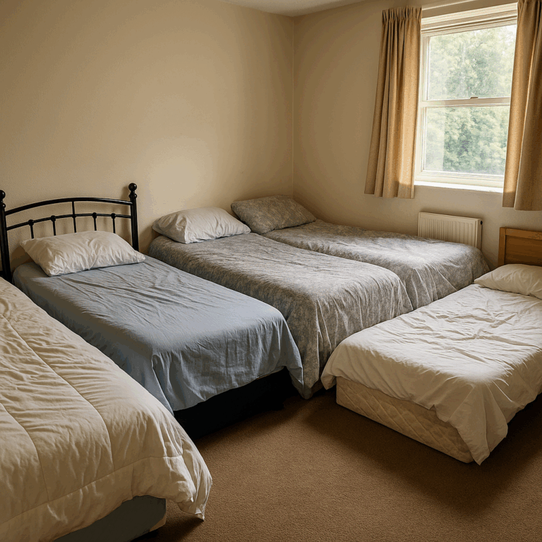 An overcrowded bedroom with four beds squeezed into one rental room.