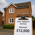 A rental house with a civil penalty notice showing a £12,000 fine.