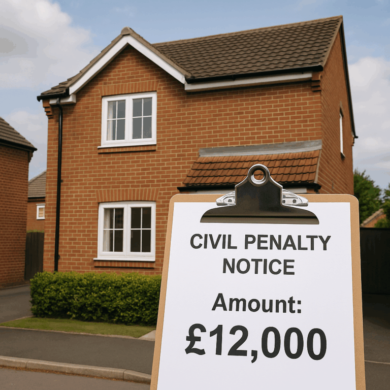 A rental house with a civil penalty notice showing a £12,000 fine.