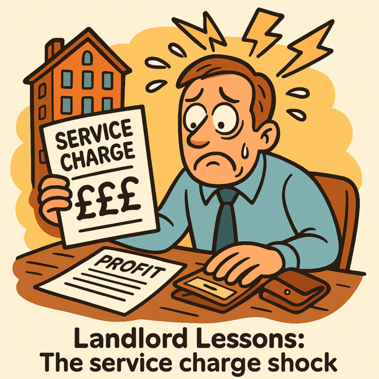 Cartoon of a stressed landlord overwhelmed by a huge service charge bill.