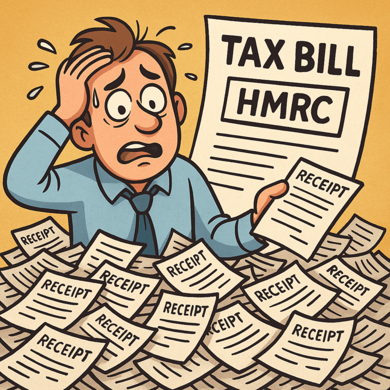Cartoon of a stressed landlord overwhelmed by receipts and a large HMRC tax bill.
