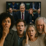 Group reacting with shock while watching a tense parliamentary budget announcement on TV