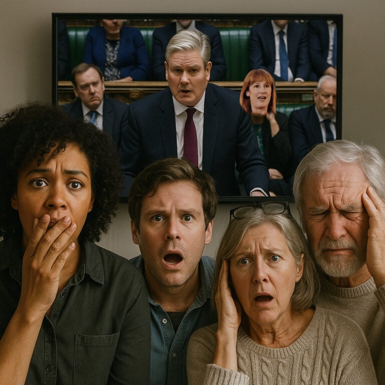 Group reacting with shock while watching a tense parliamentary budget announcement on TV