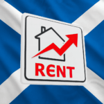 Rent increases illustrated by rising arrow over house icon against Scottish flag