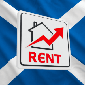 Rent increases illustrated by rising arrow over house icon against Scottish flag