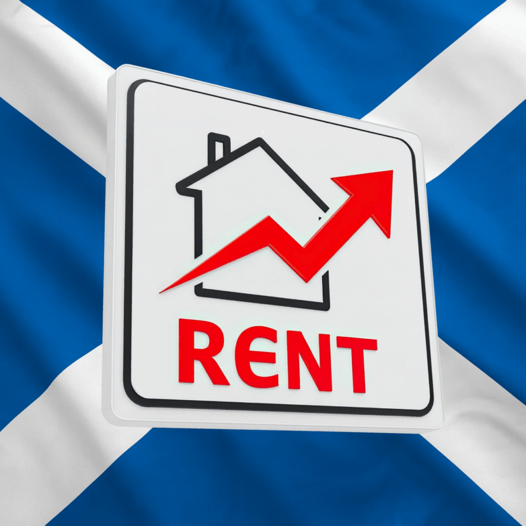 Rent increases illustrated by rising arrow over house icon against Scottish flag