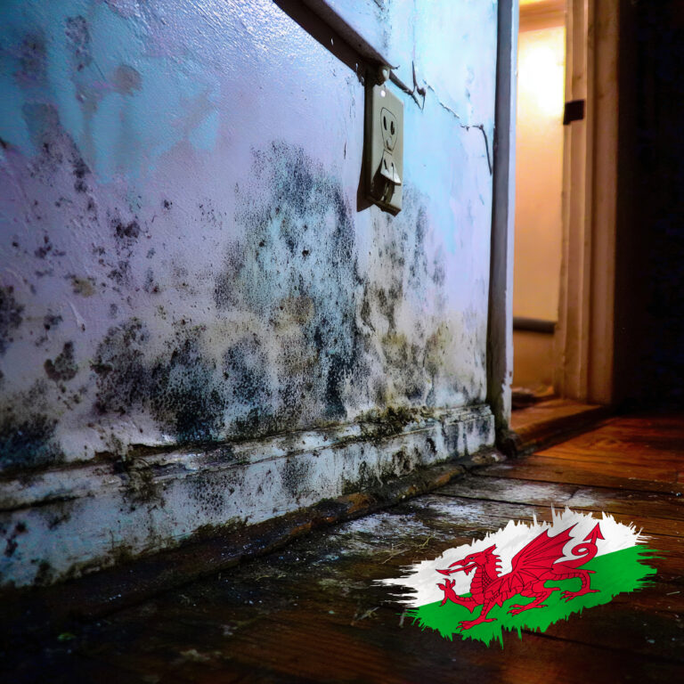 Damp and mould damage on a wall in a poorly maintained Welsh home