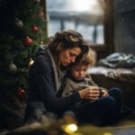 Mother and child sit together beside a Christmas tree, sharing a quiet, emotional moment.