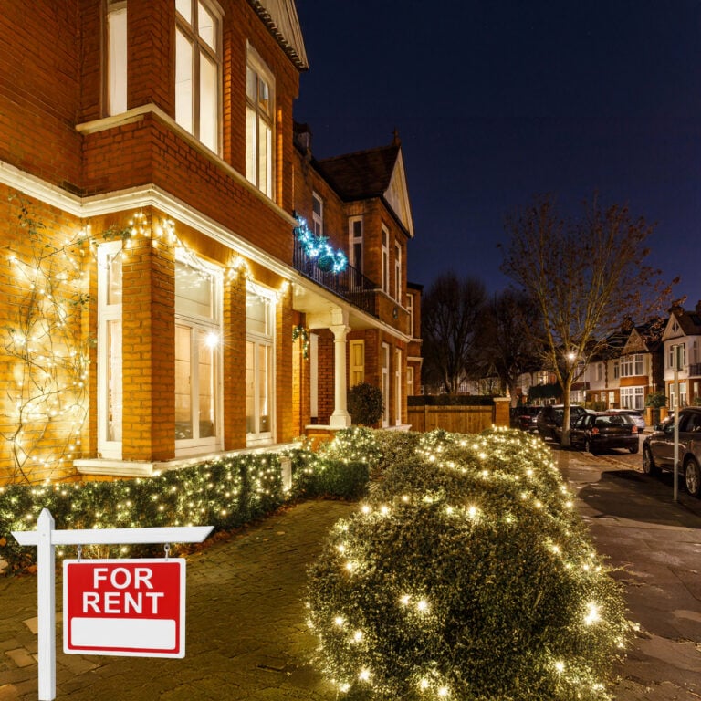 Exterior of a London rental property decorated with festive lights, highlighting availability during the seasonal slowdown.