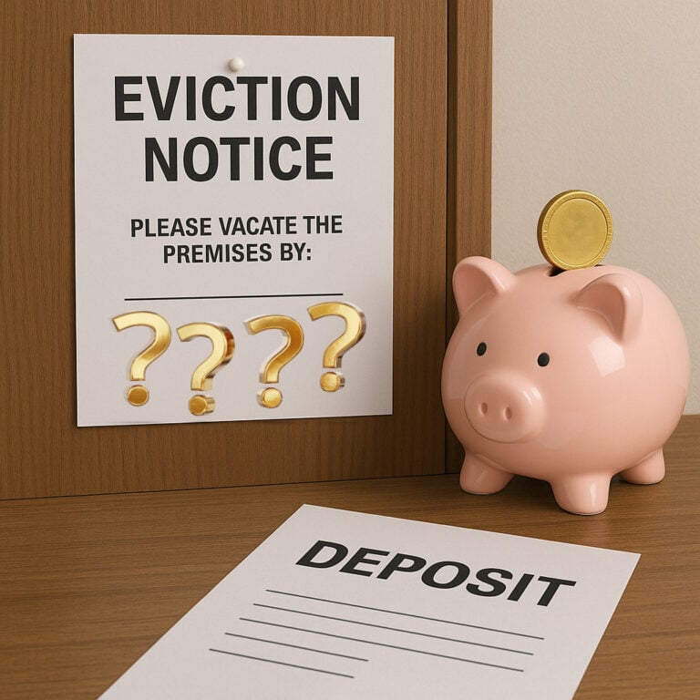 Eviction notice beside piggy bank and deposit form highlighting tenancy deposit issues