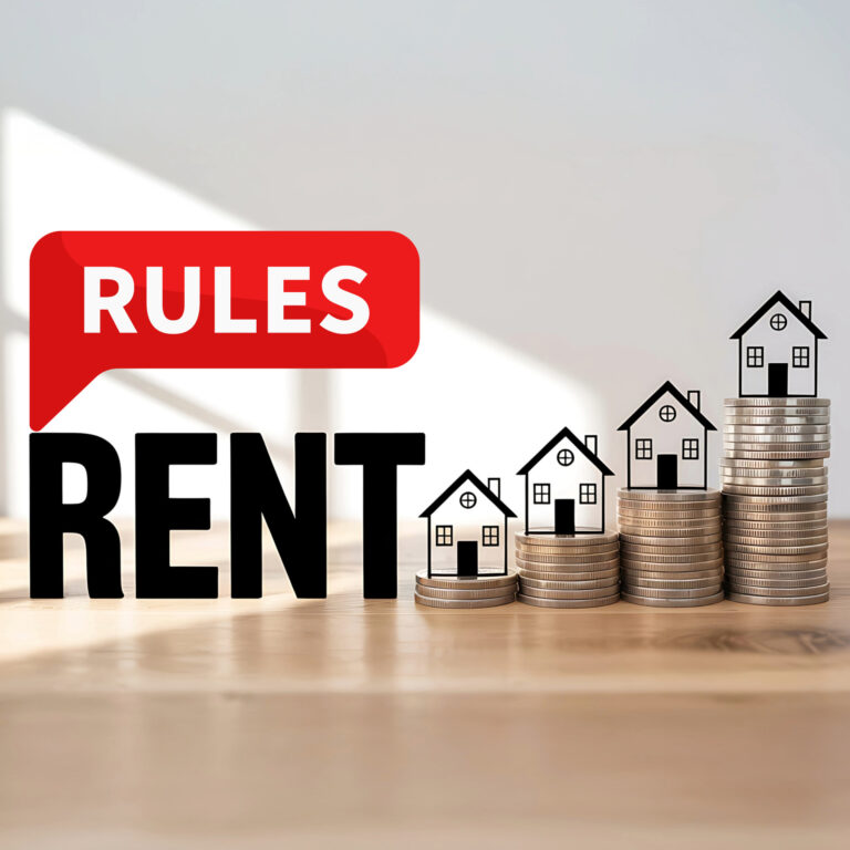 Rent rules graphic with stacked coins and house icons illustrating rising rental costs under new legislation