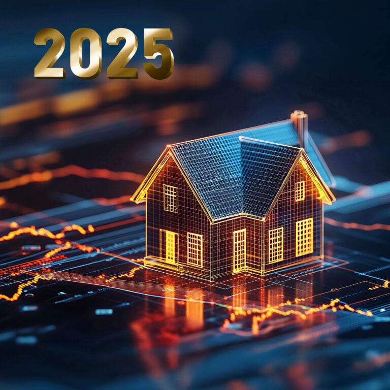 Digital house model overlaid with market data representing UK house prices in 2025