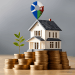 House model on stacked coins with location pin showing Scottish and Welsh colours, symbolising strong rental yields and investment returns.