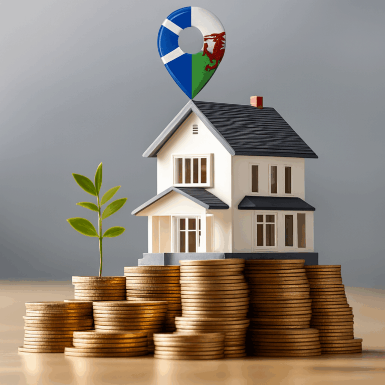 House model on stacked coins with location pin showing Scottish and Welsh colours, symbolising strong rental yields and investment returns.