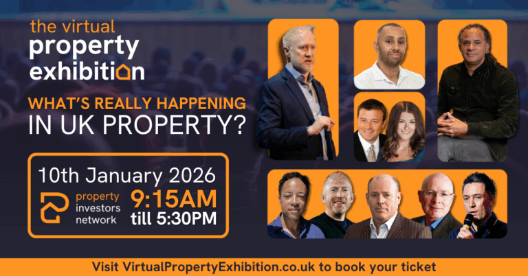 Promotional banner for the Virtual Property Exhibition 2026 featuring UK property experts