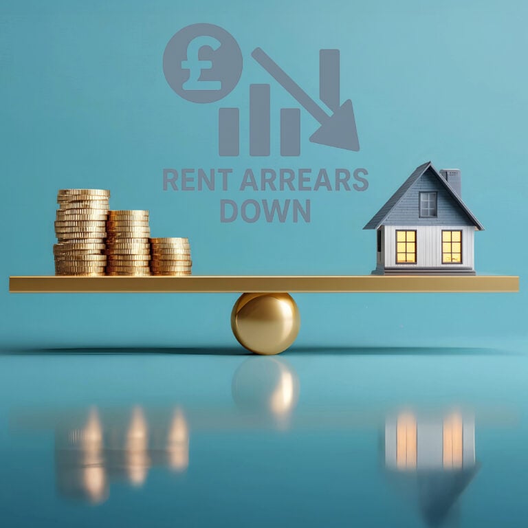 Falling rent arrears shown by balance scale with coins and house, reflecting improved rental affordability