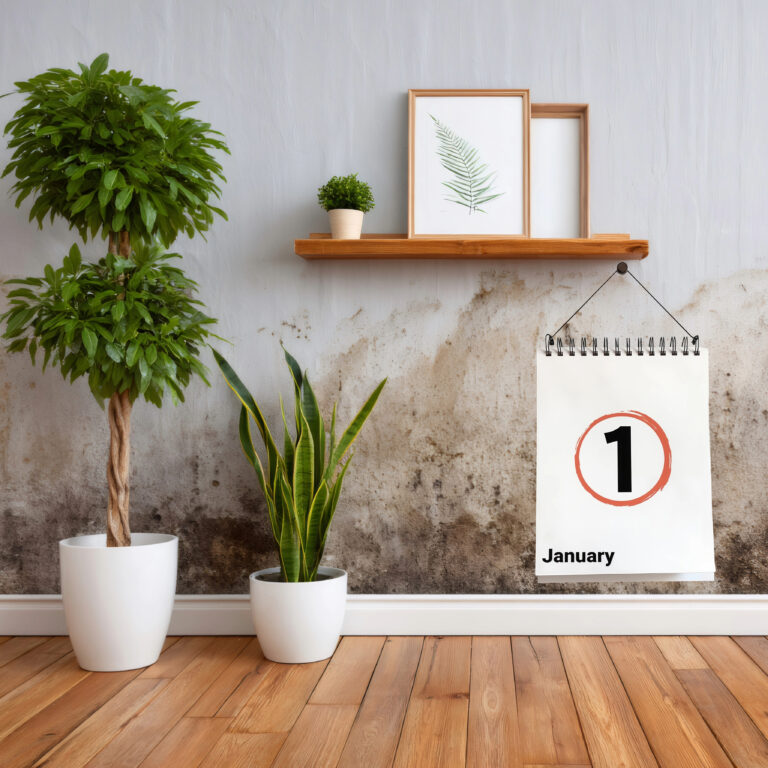 Damp and mould-stained wall in a rented home, highlighting poor housing conditions