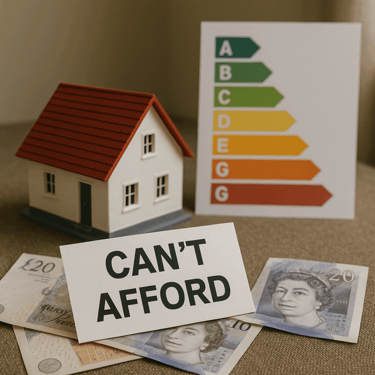 Model house beside EPC rating chart and cash highlighting landlord costs for energy upgrades