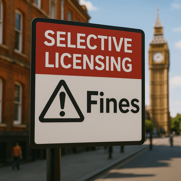 Selective landlord licensing sign warning of fines with London street and Big Ben in the background