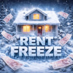 Snow-covered house with cash flying around and the words “Rent Freeze,” symbolising the impact of rising rents on tenants