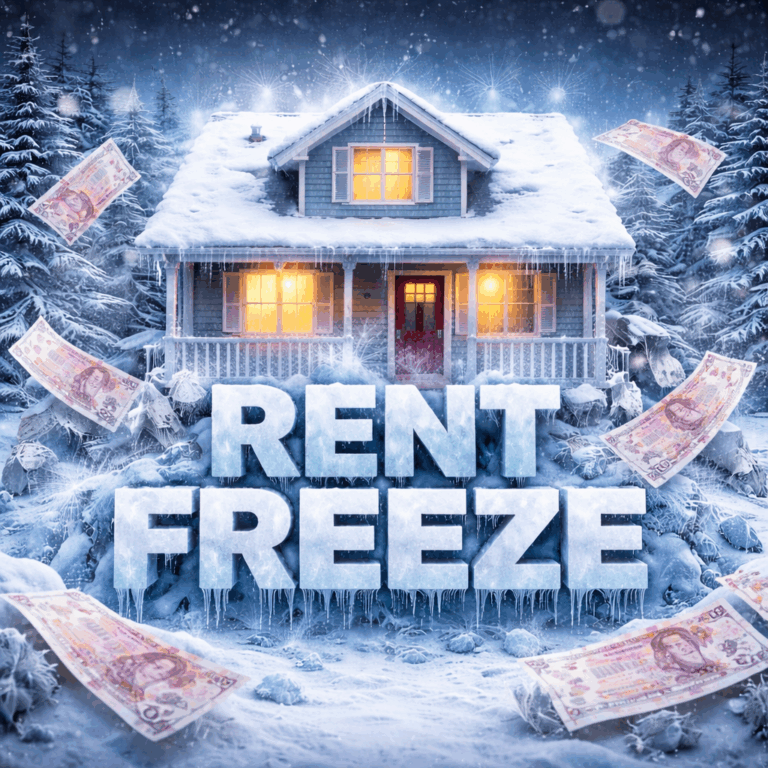 Snow-covered house with cash flying around and the words “Rent Freeze,” symbolising the impact of rising rents on tenants