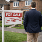 Private landlord stands beside a house for sale sign highlighting reluctance to invest in rental property