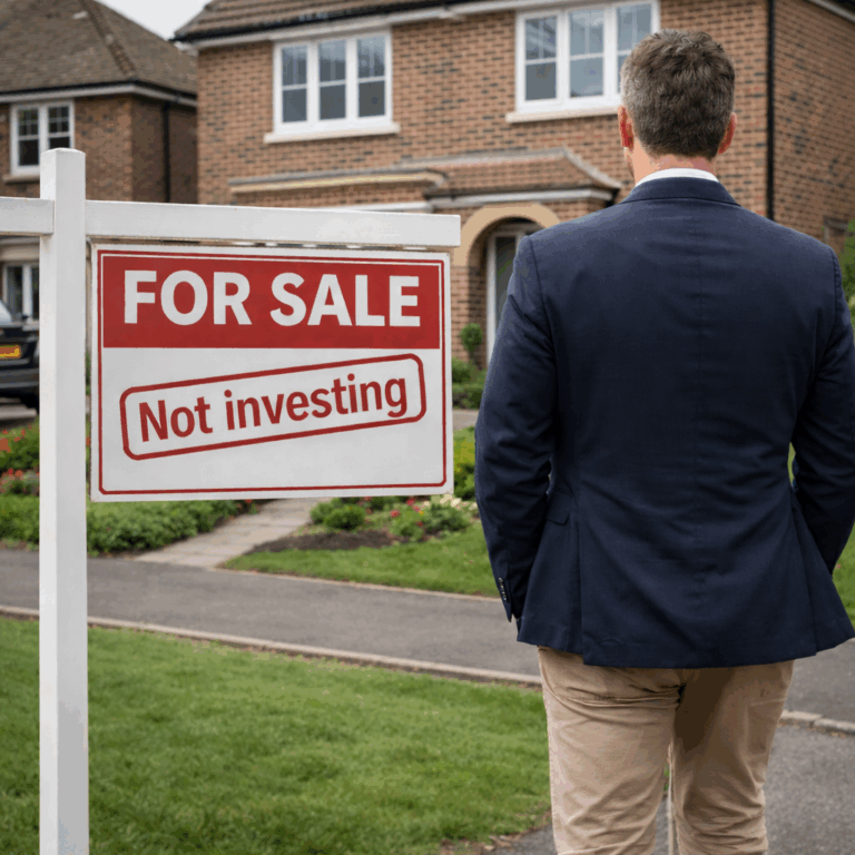 Private landlord stands beside a house for sale sign highlighting reluctance to invest in rental property