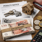Rent repayment notice with cash, house keys and documents symbolising landlord penalties