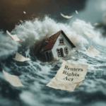 House overwhelmed by stormy waves with Renters’ Rights Act papers floating, symbolising upheaval in the private rented sector.