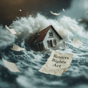 House overwhelmed by stormy waves with Renters’ Rights Act papers floating, symbolising upheaval in the private rented sector.