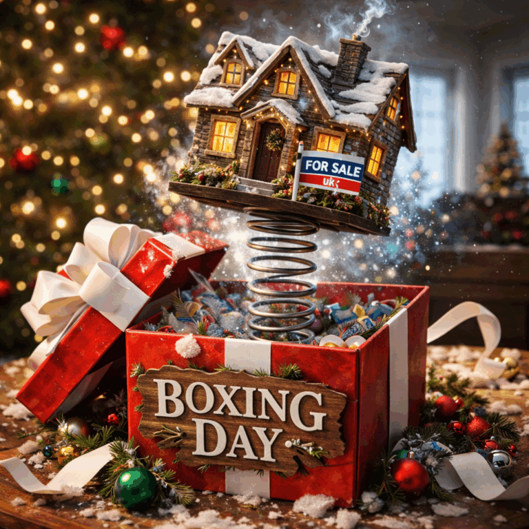 Boxing Day house for sale springing from gift box symbolising a surge in UK property listings
