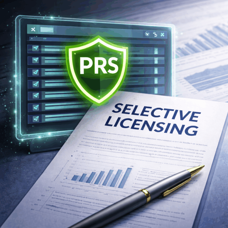 PRS Database shield over selective licensing document highlighting landlord regulation changes