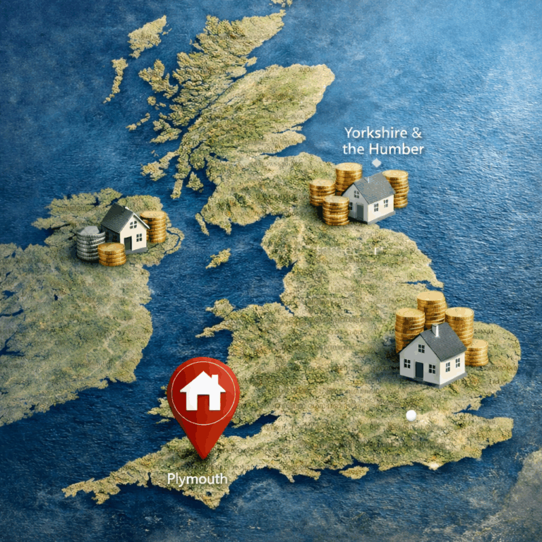 UK map highlighting Plymouth and other regions with rising and falling house prices in 2025