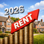 2026 rent increase concept with rising arrow over stacked coins and family homes