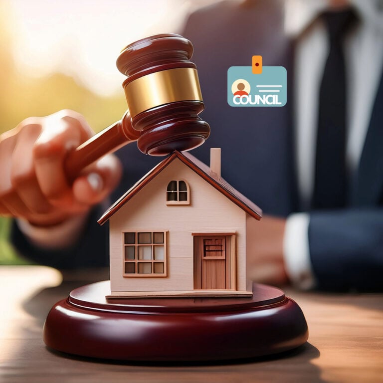 Gavel poised above a model house highlighting council enforcement against rogue landlords
