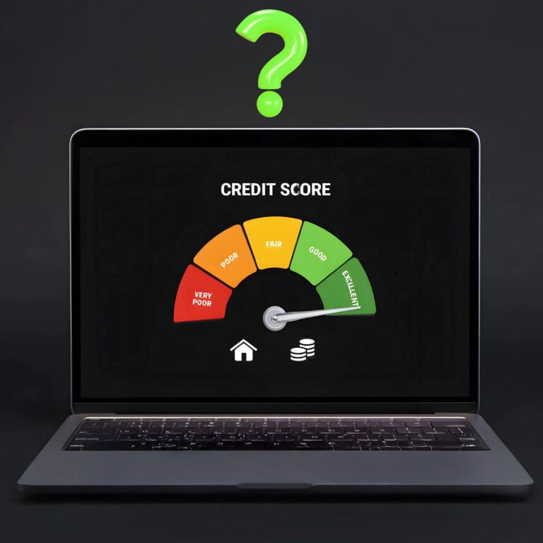 Credit score gauge on a laptop highlighting rent reporting benefits for tenants and landlords