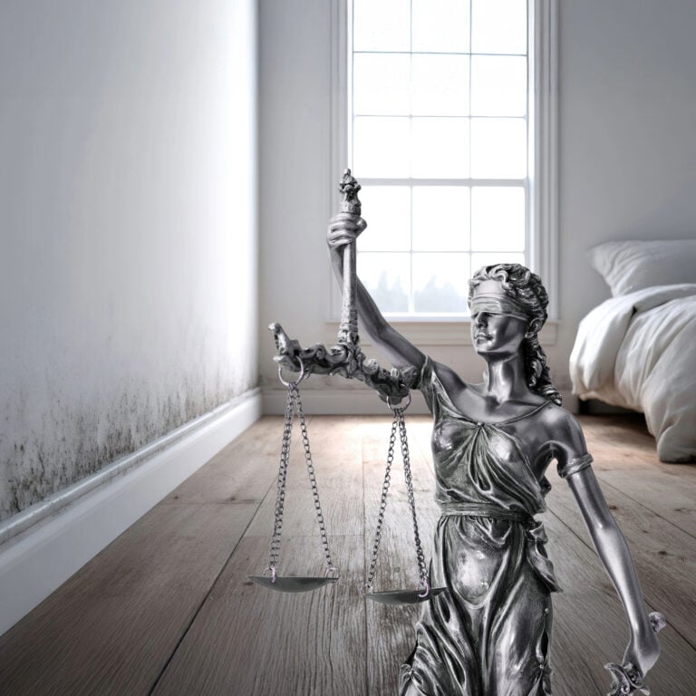 Blindfolded Lady Justice statue standing in a damp, mould-affected rental property
