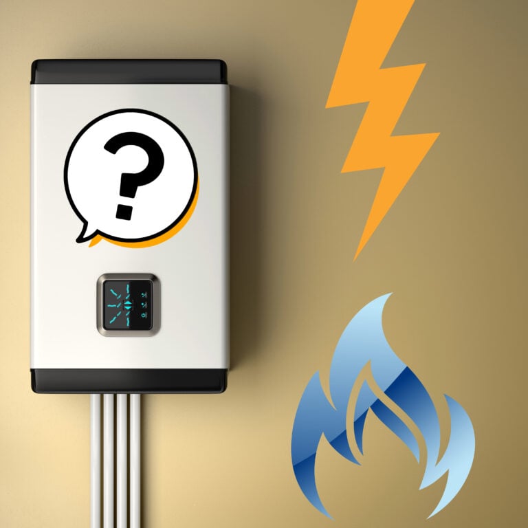 Boiler with icons representing gas and electric options for choosing a heating system in new flats