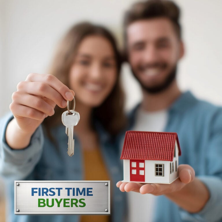 First-time buyers holding a house key and model home as UK housing market activity rises