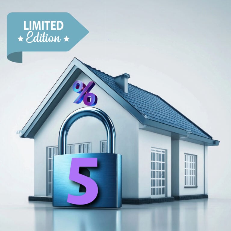 Limited edition five-year fixed mortgage offer highlighted with a house and 5% lock graphic