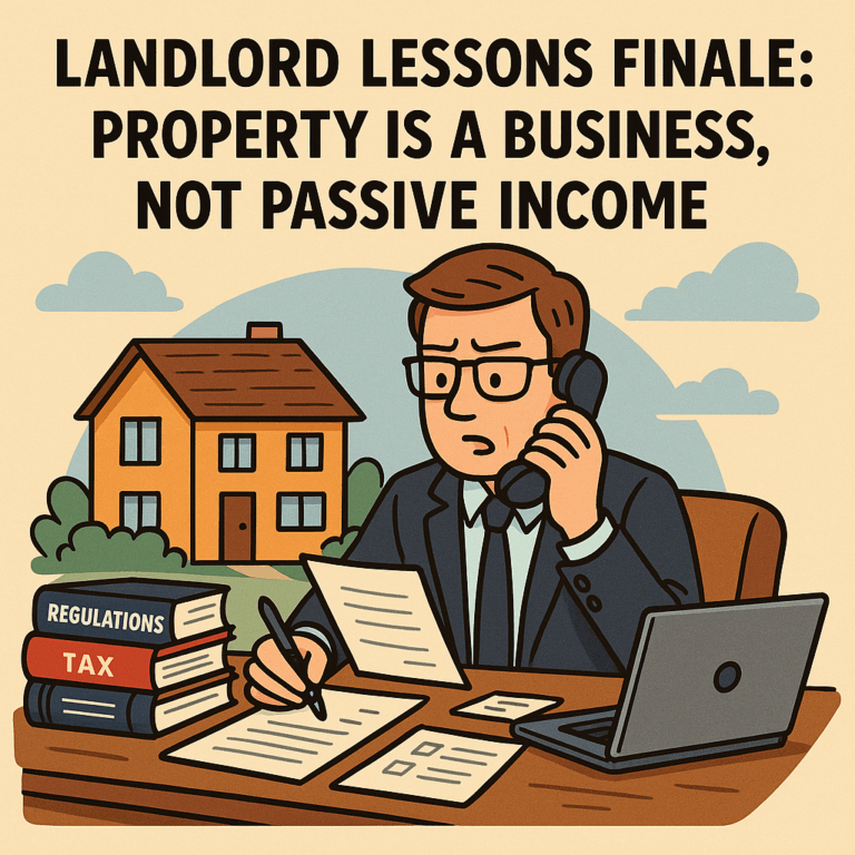 Cartoon illustration of a landlord at a desk with regulations and tax books, symbolizing property as a business, not passive income.