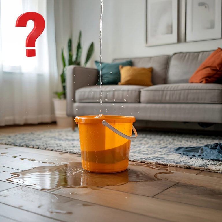 Water leak dripping into a bucket on a living-room floor, illustrating a delayed-reported leak causing property damage.