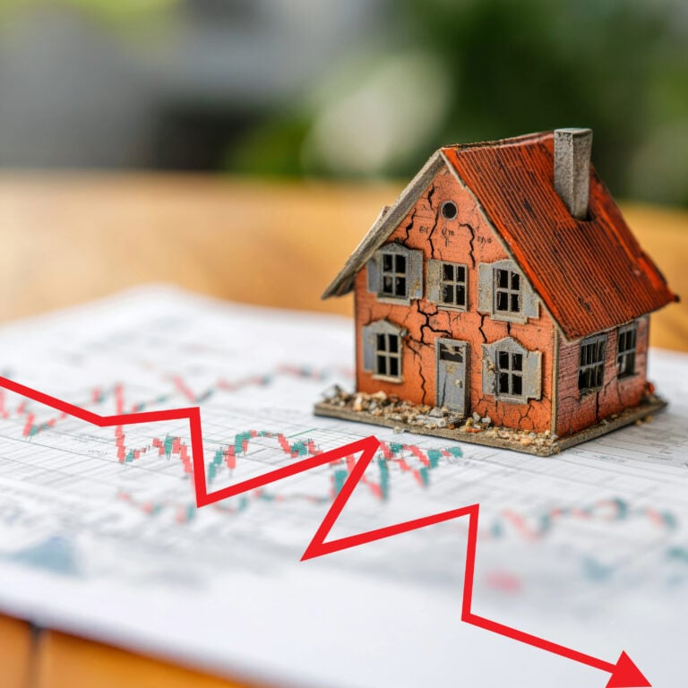 Cracked model house beside falling market chart illustrating weakening UK housing activity