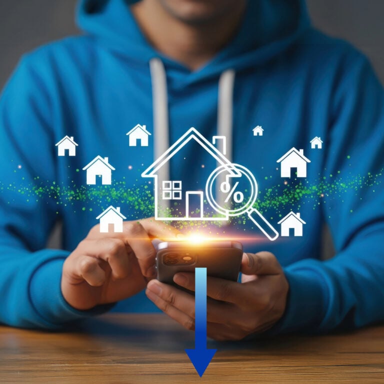 Digital illustration of declining buy-to-let mortgage searches shown above a person using a smartphone